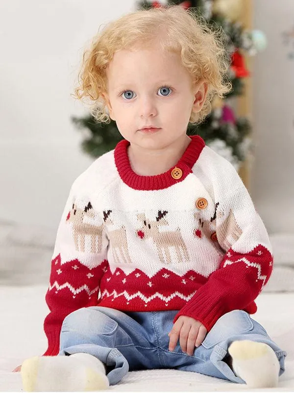 Deer Print Splicing Knitwear Acrylic Round Collar Baby Sweater