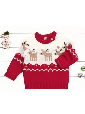 Deer Print Splicing Knitwear Acrylic Round Collar Baby Sweater
