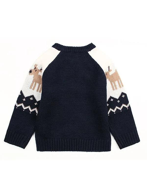 Deer Print Splicing Knitwear Acrylic Round Collar Baby Sweater