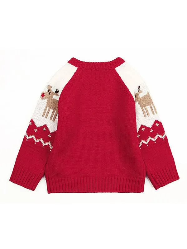 Deer Print Splicing Knitwear Acrylic Round Collar Baby Sweater