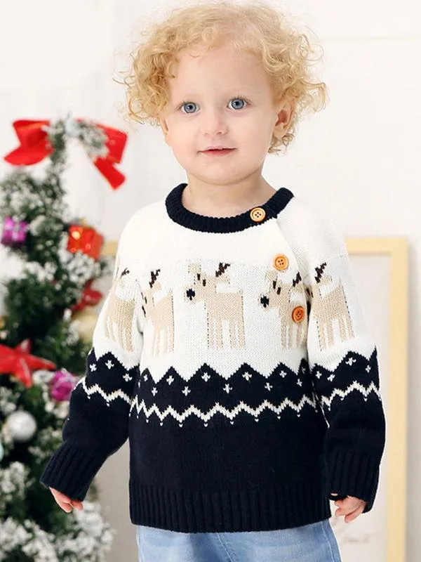 Deer Print Splicing Knitwear Acrylic Round Collar Baby Sweater