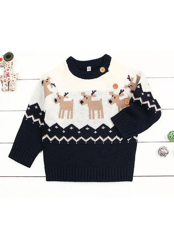 Deer Print Splicing Knitwear Acrylic Round Collar Baby Sweater
