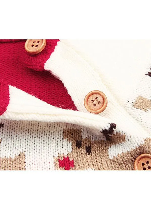Deer Print Splicing Knitwear Acrylic Round Collar Baby Sweater