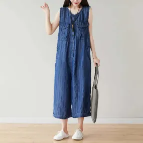 Denim Sleeveless Cropped Jumpsuit in Dark Blue Stripes for Women