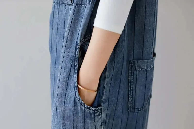 Denim Sleeveless Cropped Jumpsuit in Dark Blue Stripes for Women