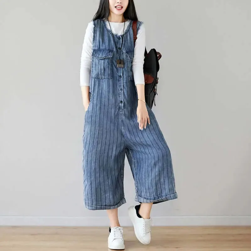 Denim Sleeveless Cropped Jumpsuit in Dark Blue Stripes for Women