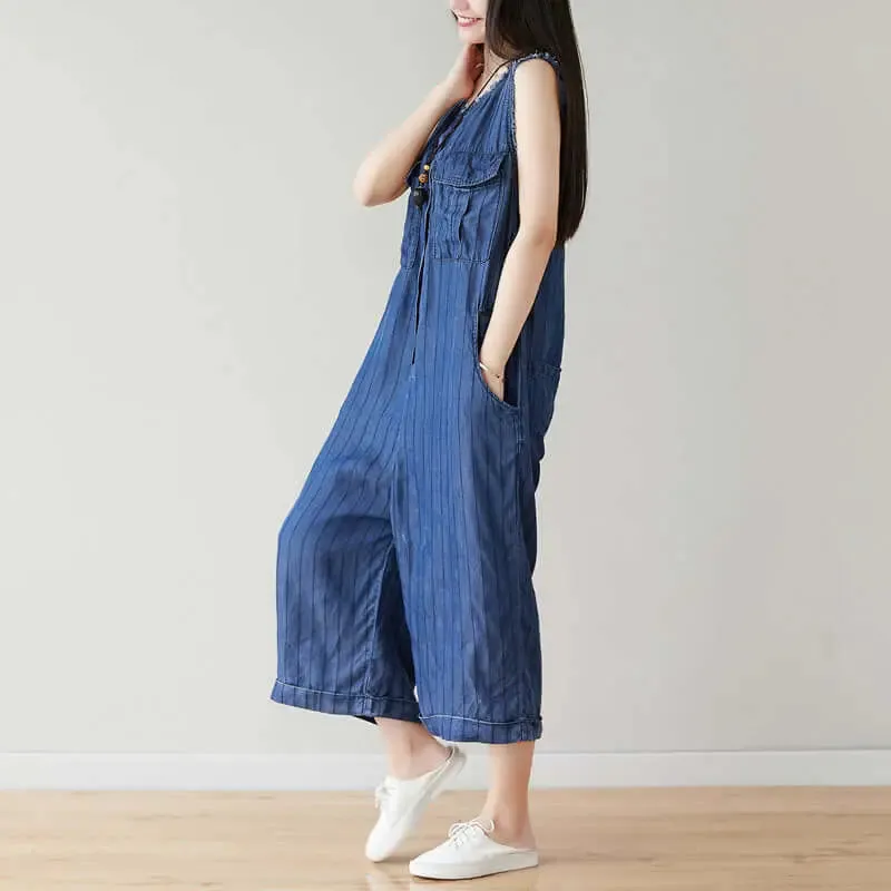 Denim Sleeveless Cropped Jumpsuit in Dark Blue Stripes for Women