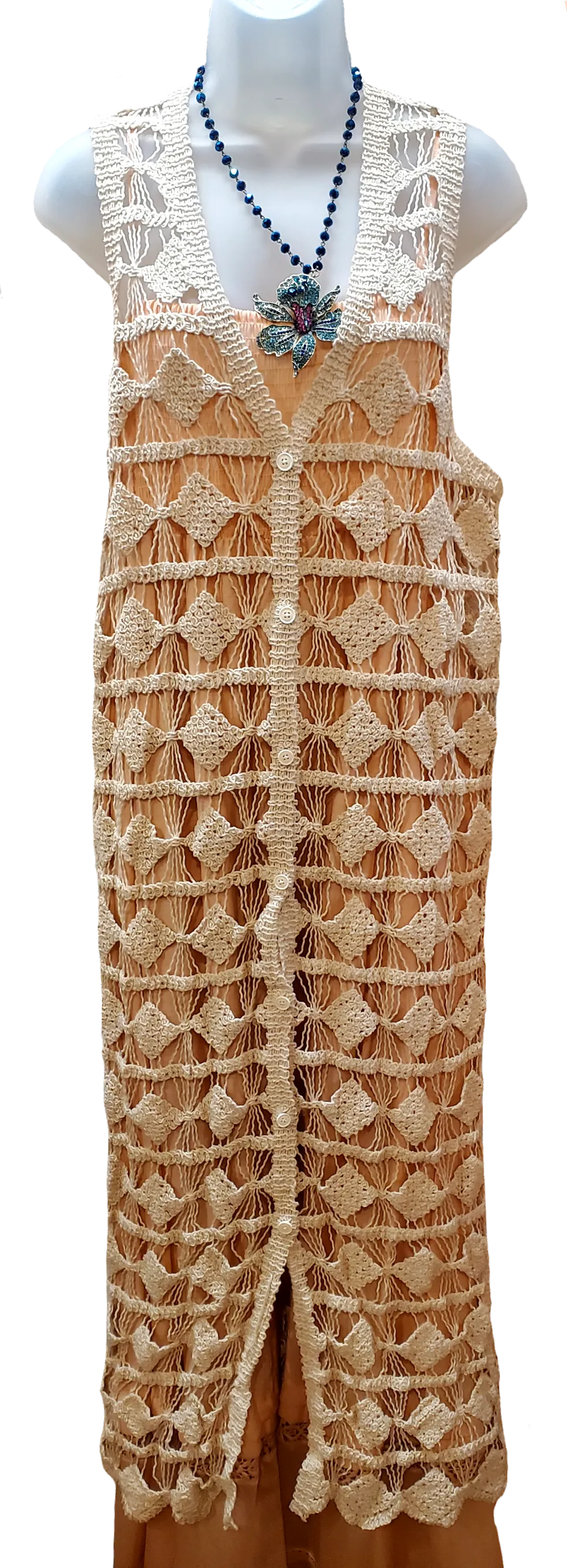 Diamond Crocheted Button Down Long Vest