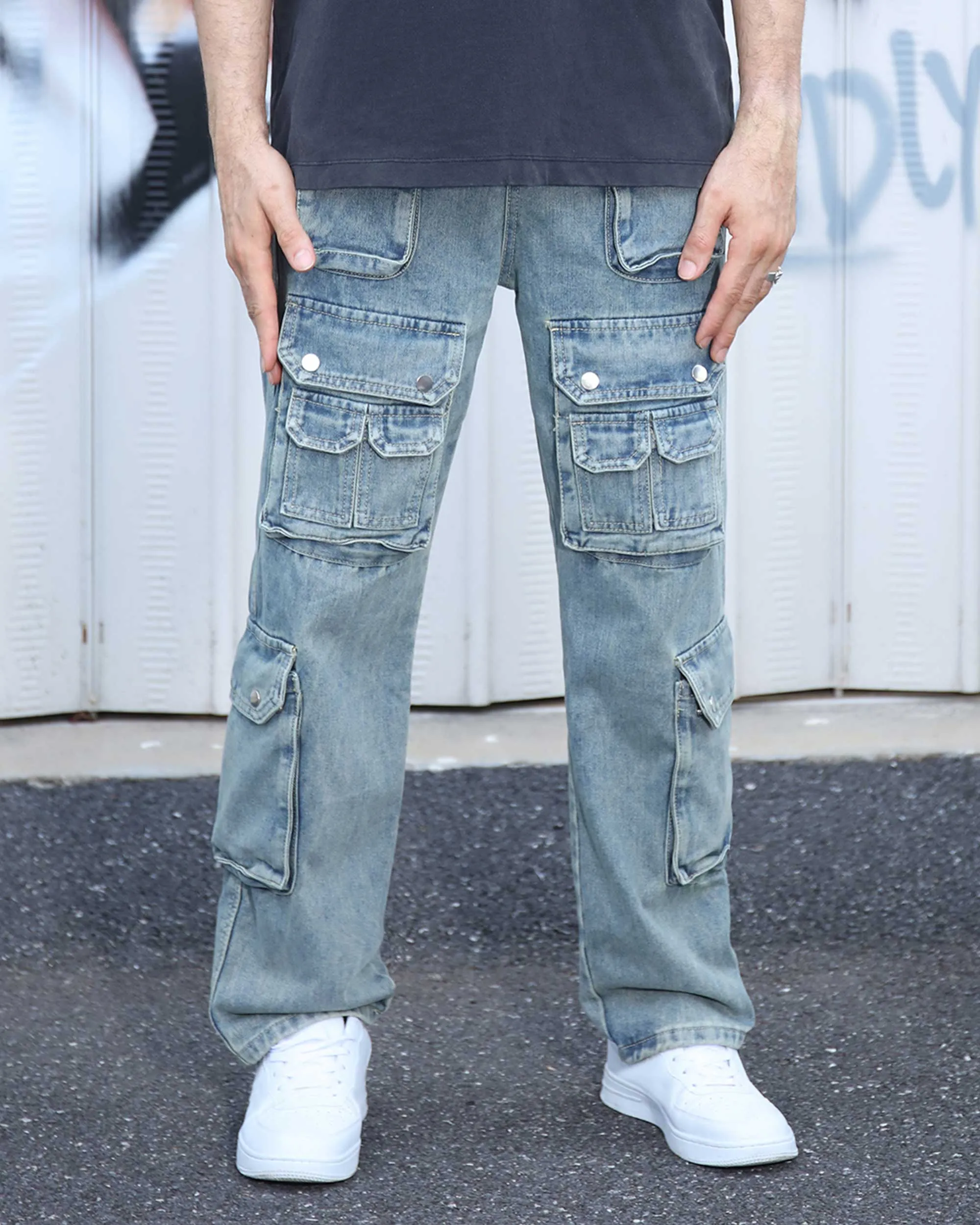 Distressed Craftsmanship in Blue Baggy Jeans with Multiple Pockets