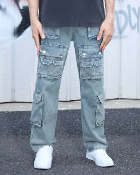 Distressed Craftsmanship in Blue Baggy Jeans with Multiple Pockets