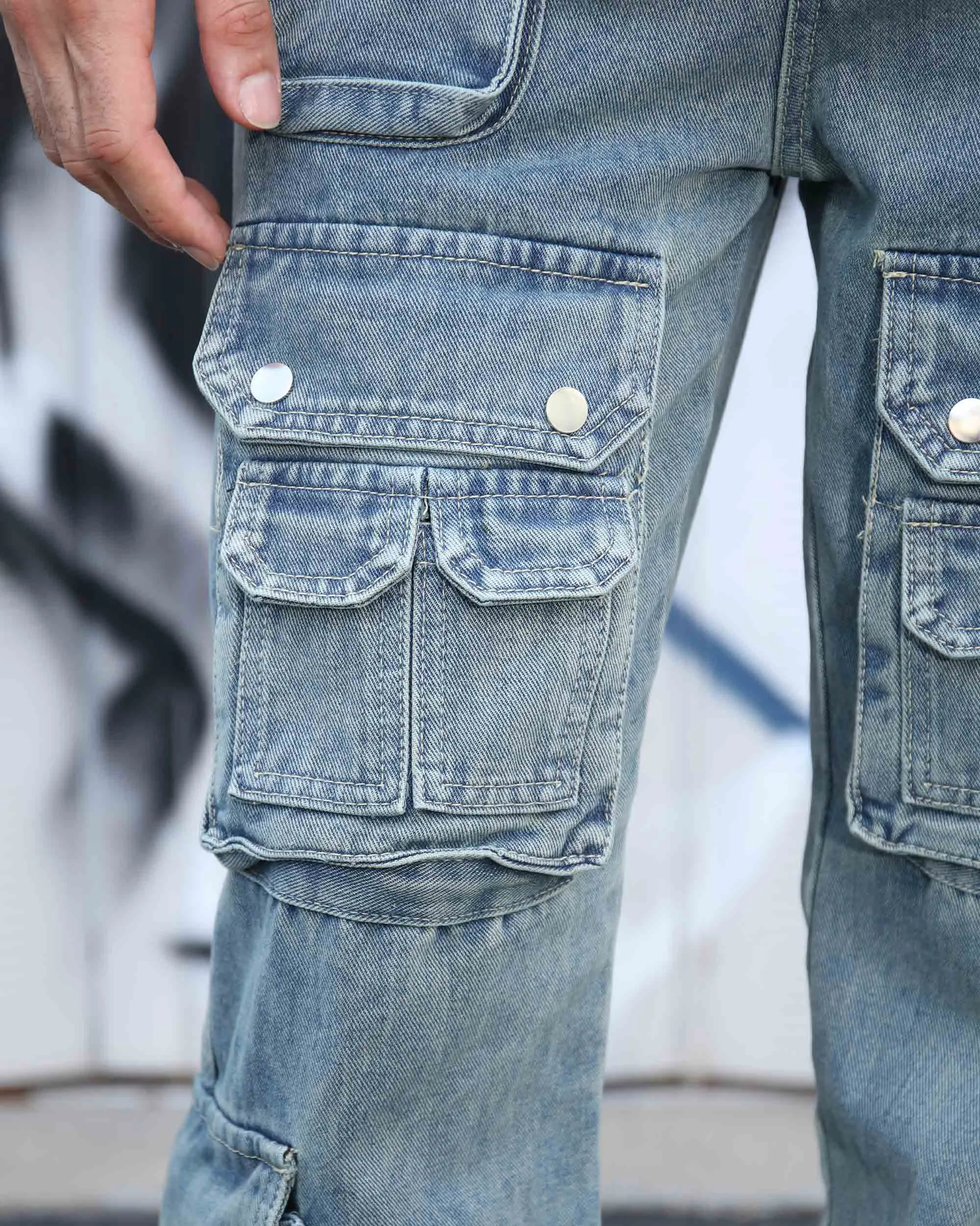 Distressed Craftsmanship in Blue Baggy Jeans with Multiple Pockets