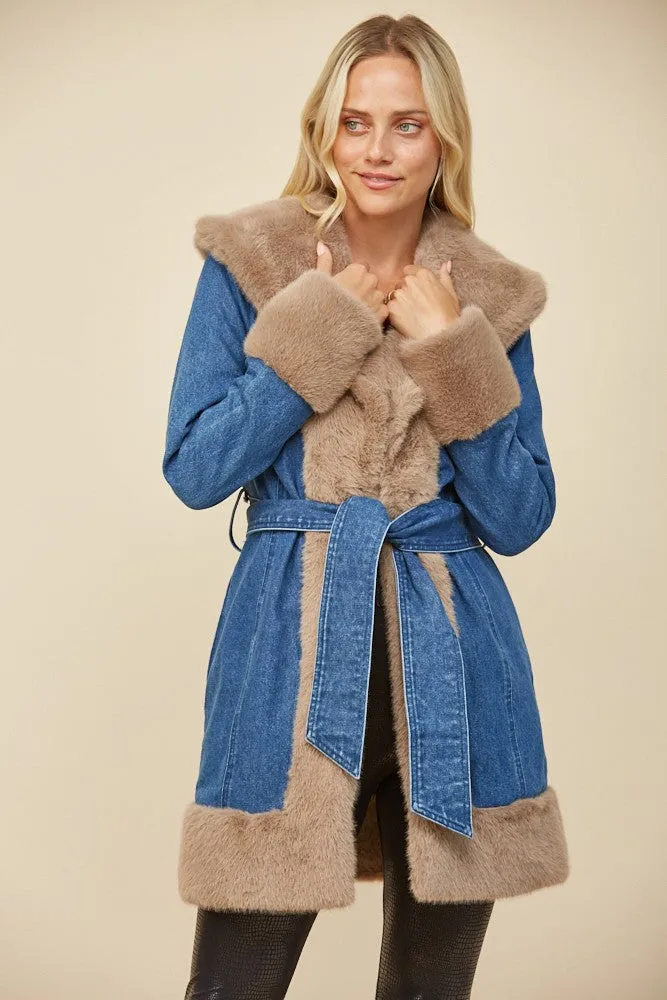 Dolly Denim Fur Trim Coat