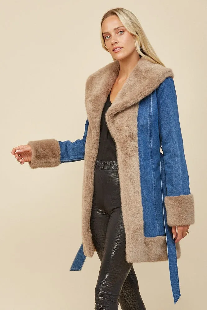 Dolly Denim Fur Trim Coat