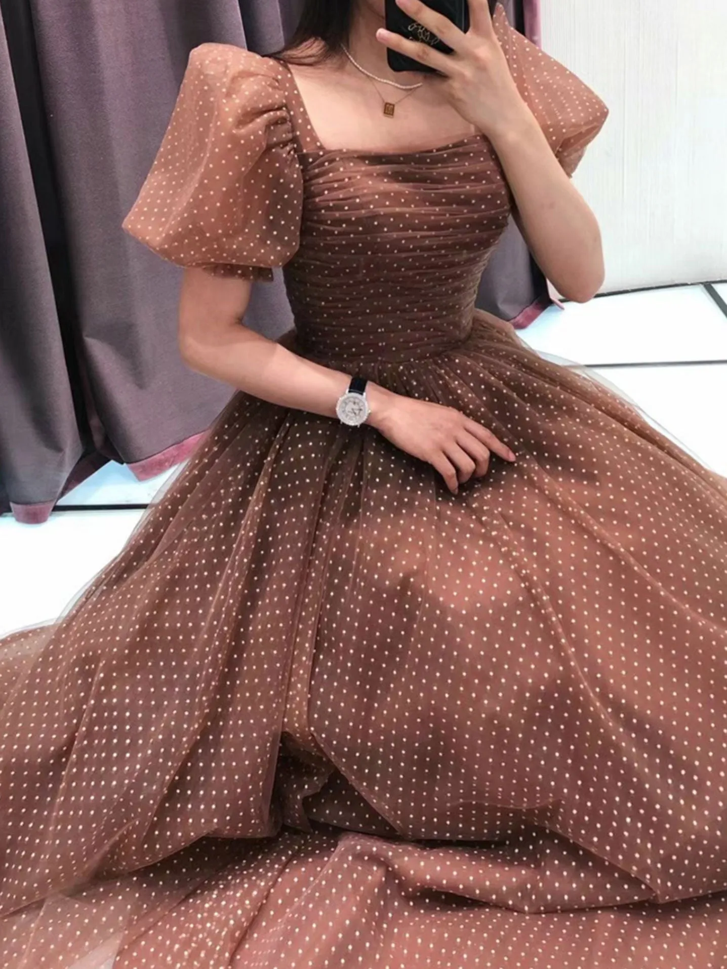 Elegant Retro Brown Tea Length Tulle Prom Dress, Puffy Homecoming Dress