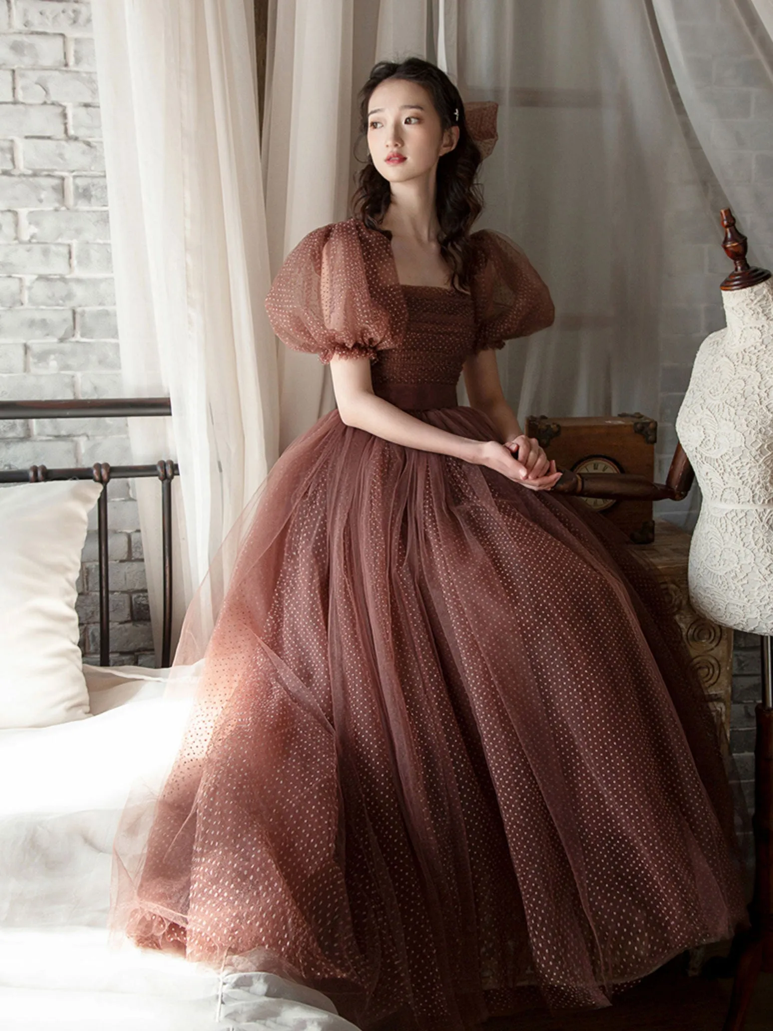 Elegant Retro Brown Tea Length Tulle Prom Dress, Puffy Homecoming Dress