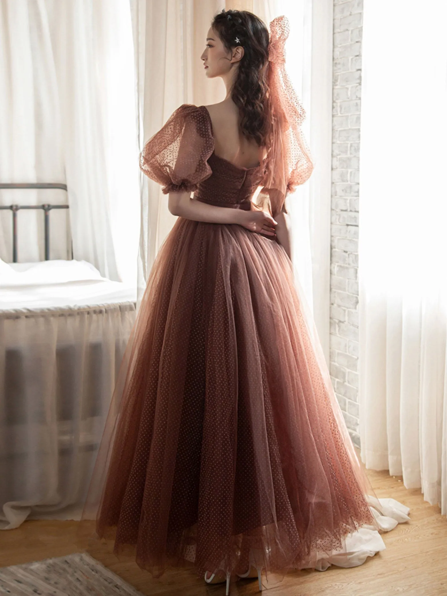 Elegant Retro Brown Tea Length Tulle Prom Dress, Puffy Homecoming Dress