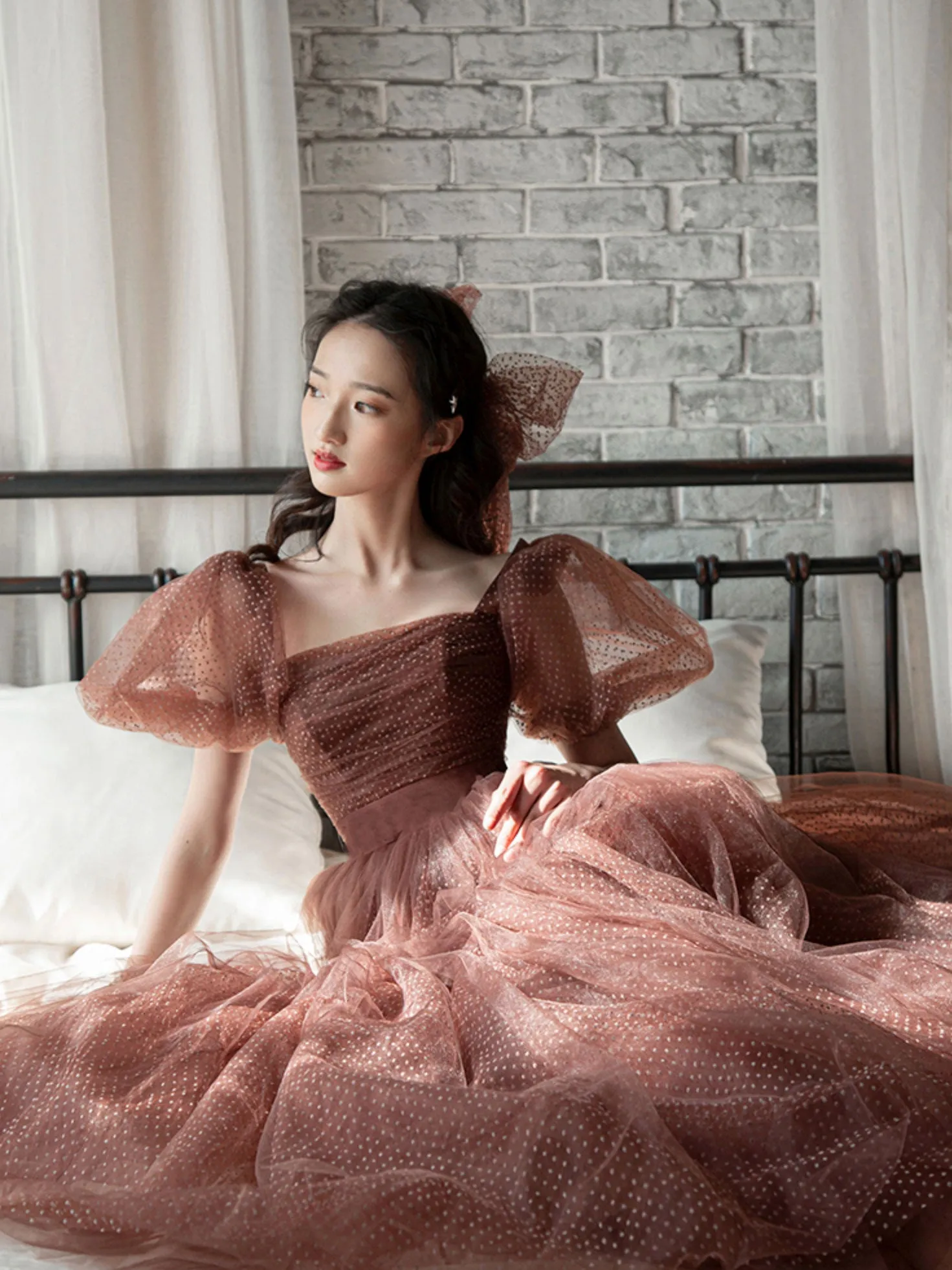 Elegant Retro Brown Tea Length Tulle Prom Dress, Puffy Homecoming Dress