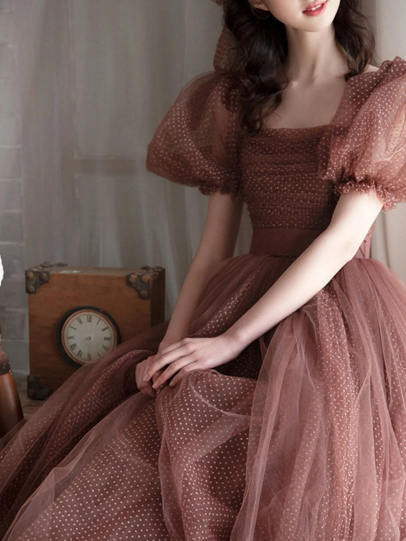 Elegant Retro Brown Tea Length Tulle Prom Dress, Puffy Homecoming Dress
