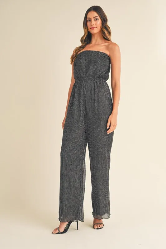 Elegant Strapless Black Silver Pleated Tube Jumpsuit