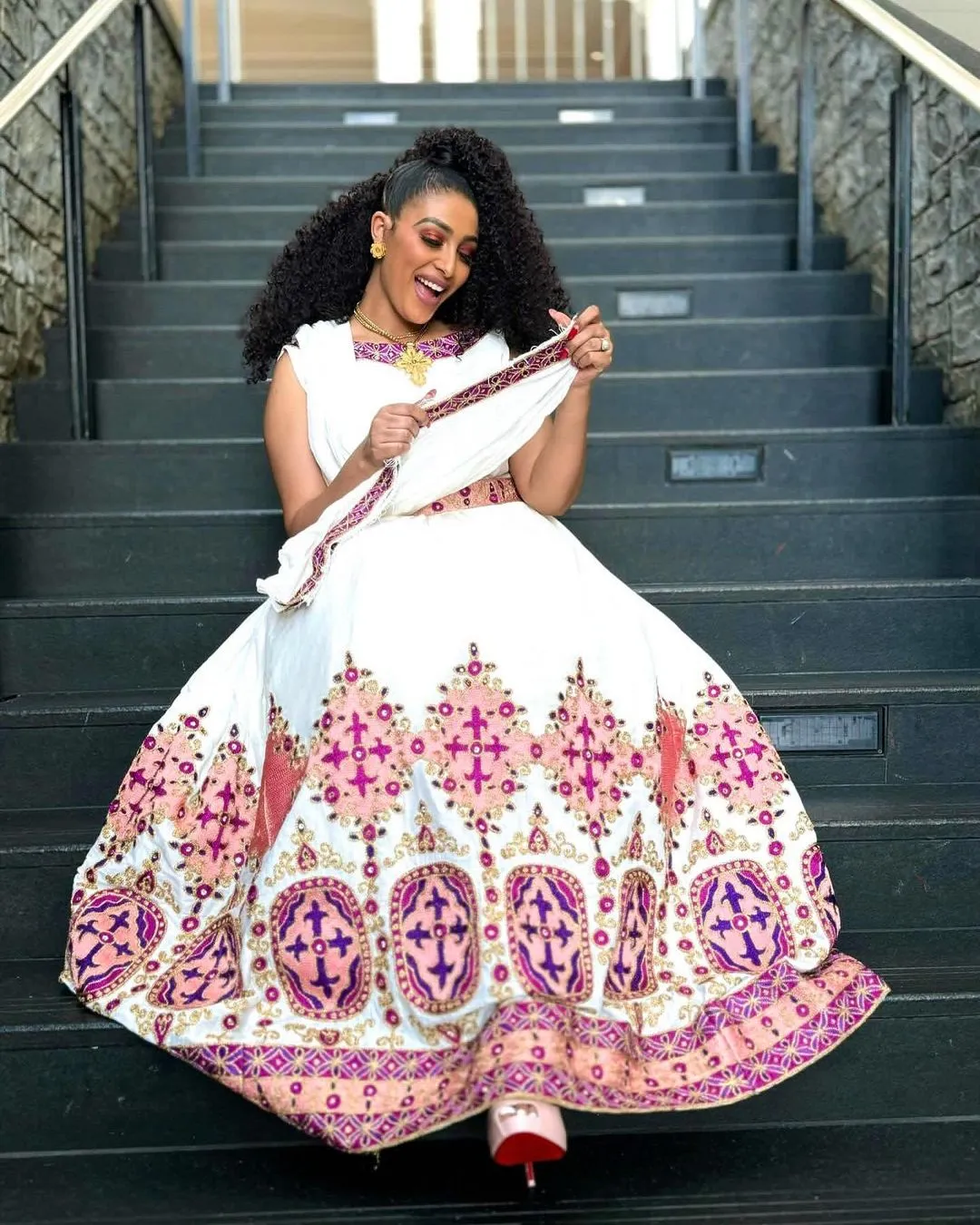 Embrace the Elegance of Habesha Dress Pink and Purple Splendor Modern Ethiopian Dress