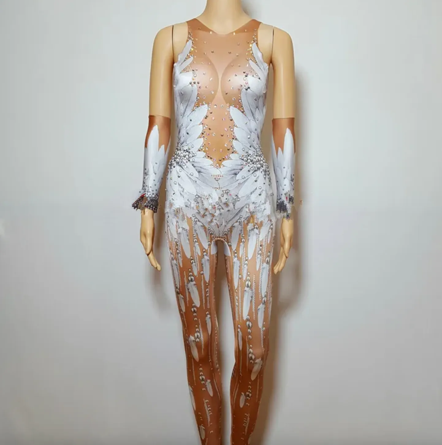 Festival Outfit Rhinestone White Jumpsuit Sequin Catsuit Birthday Outfit Crystal Party Costume