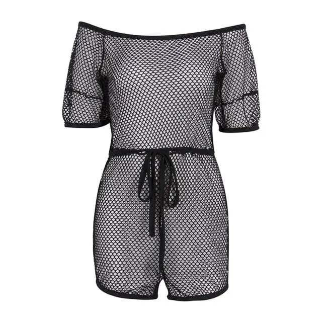 Fishnet short romper bikini coverup jumpsuit