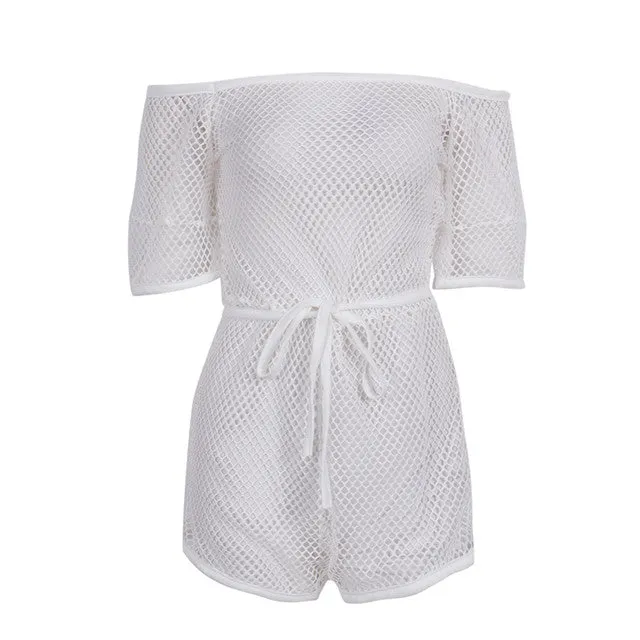 Fishnet short romper bikini coverup jumpsuit