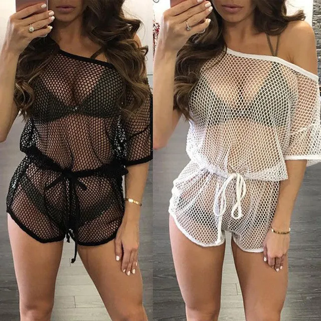 Fishnet short romper bikini coverup jumpsuit