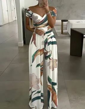 Floral  Striped Printed V Neck Puff Sleeve High Waist Wide Leg Jumpsuit