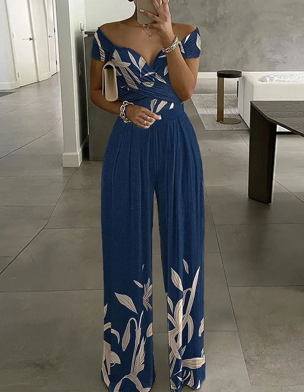 Floral  Striped Printed V Neck Puff Sleeve High Waist Wide Leg Jumpsuit
