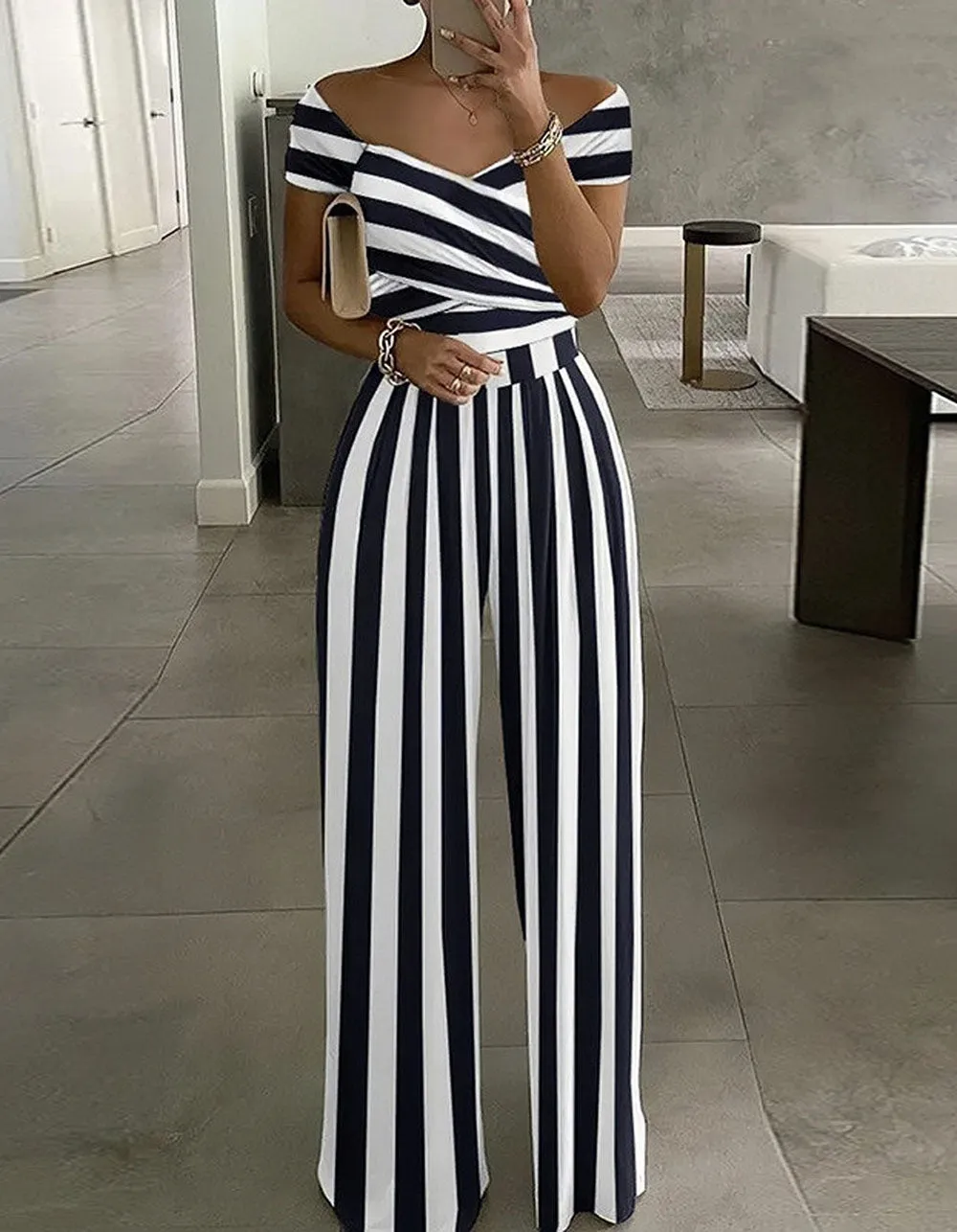Floral  Striped Printed V Neck Puff Sleeve High Waist Wide Leg Jumpsuit