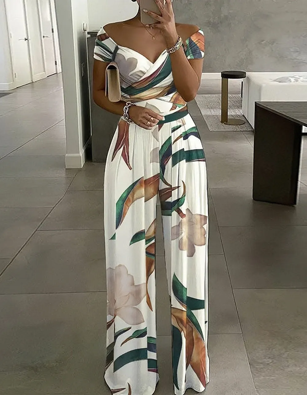 Floral  Striped Printed V Neck Puff Sleeve High Waist Wide Leg Jumpsuit