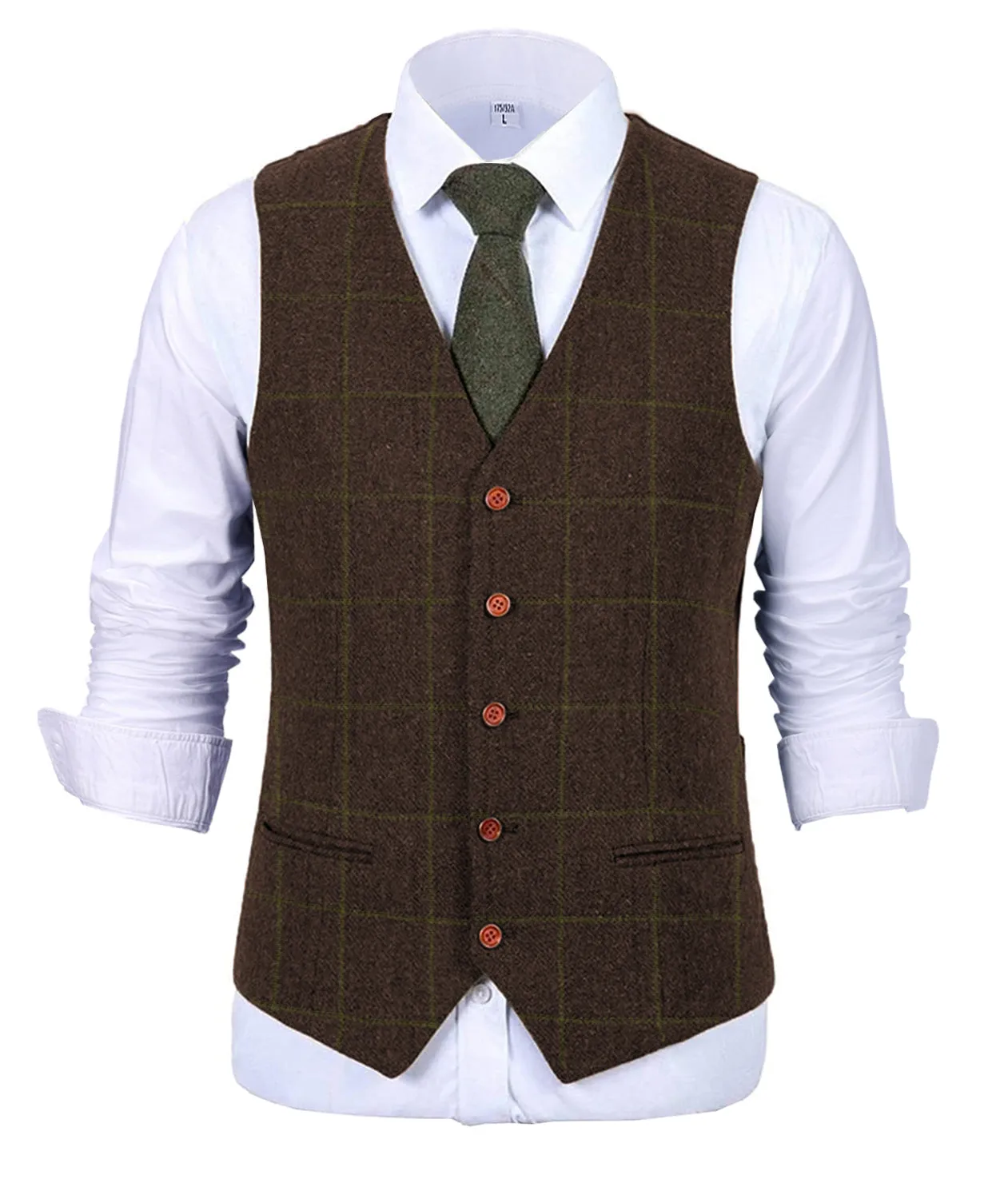 Formal Men's Suit Vest Plaid Tweed V Neck Waistcoat