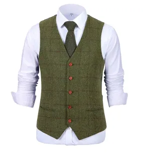 Formal Men's Suit Vest Plaid Tweed V Neck Waistcoat