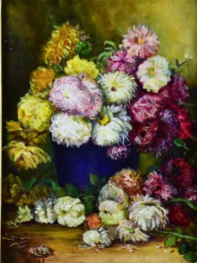 French painting of dahlias in a decorative frame 22" x 26"