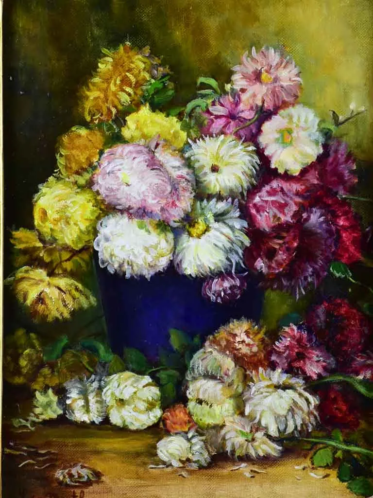French painting of dahlias in a decorative frame 22" x 26"