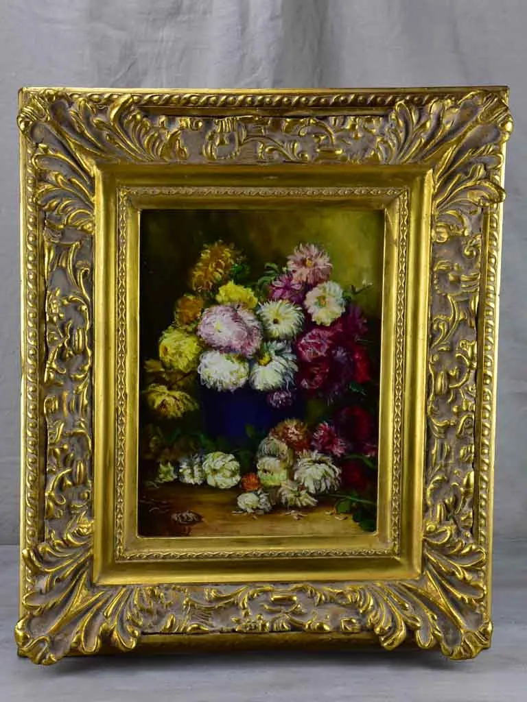 French painting of dahlias in a decorative frame 22" x 26"