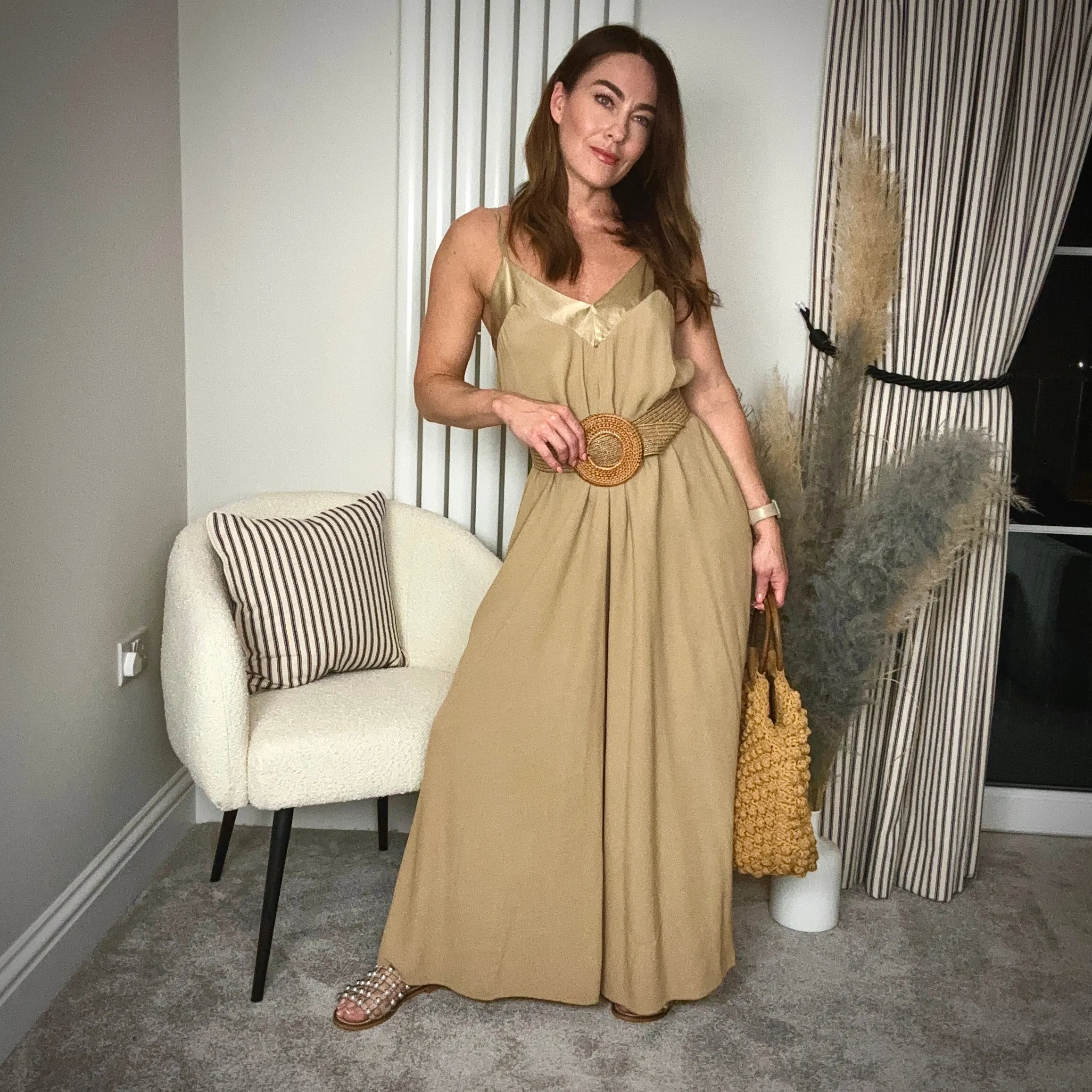 GOLDEN BEIGE SATIN TRIM JUMPSUIT