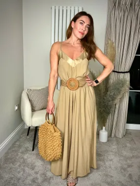 GOLDEN BEIGE SATIN TRIM JUMPSUIT