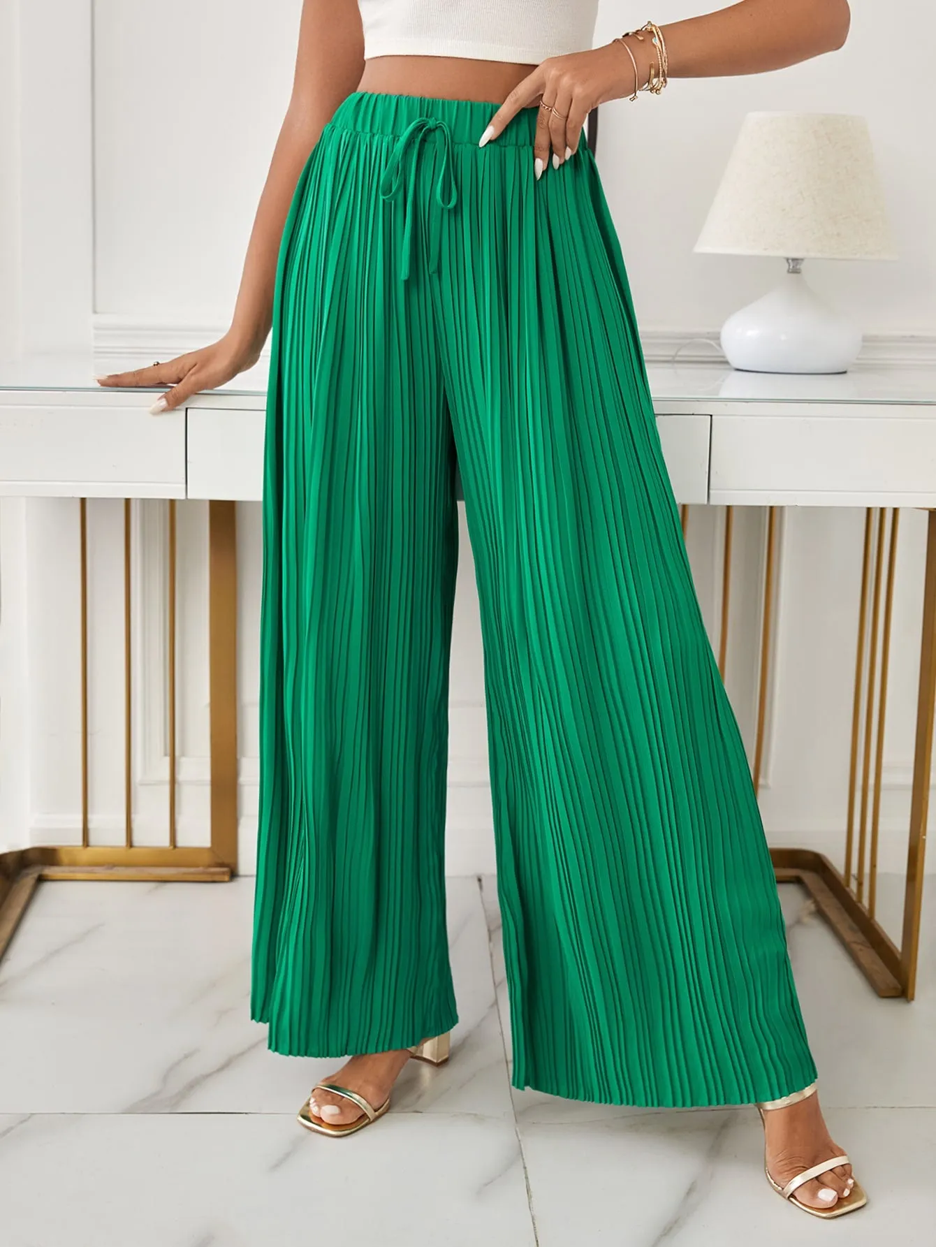 Green High Waist Pleated Knot Front Wide Leg Loose Pants