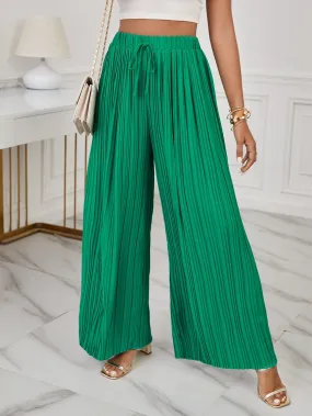 Green High Waist Pleated Knot Front Wide Leg Loose Pants
