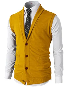 H2H Mens Casual Basic Shawl Collar Knitted Slim Fit Lightweight Vest MUSTARD US XL/Asia XXL (CMOV034)
