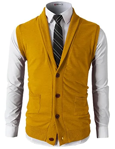 H2H Mens Casual Basic Shawl Collar Knitted Slim Fit Lightweight Vest MUSTARD US XL/Asia XXL (CMOV034)