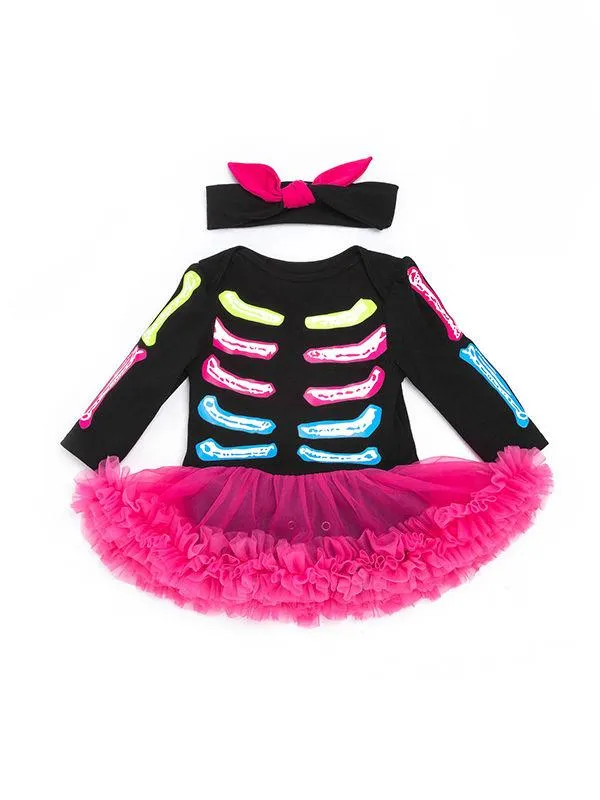 Halloween 2-piece Skeleton Romper Dress  Headband Set