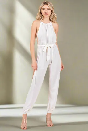 Halter Neck Shirred Belted Split Leg Jumpsuit
