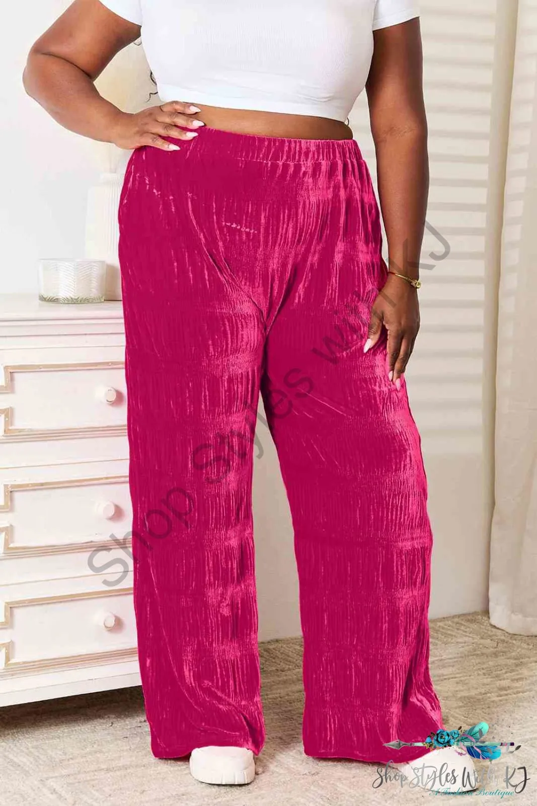 High Waist Tiered Shirring Velvet Wide Leg Pants