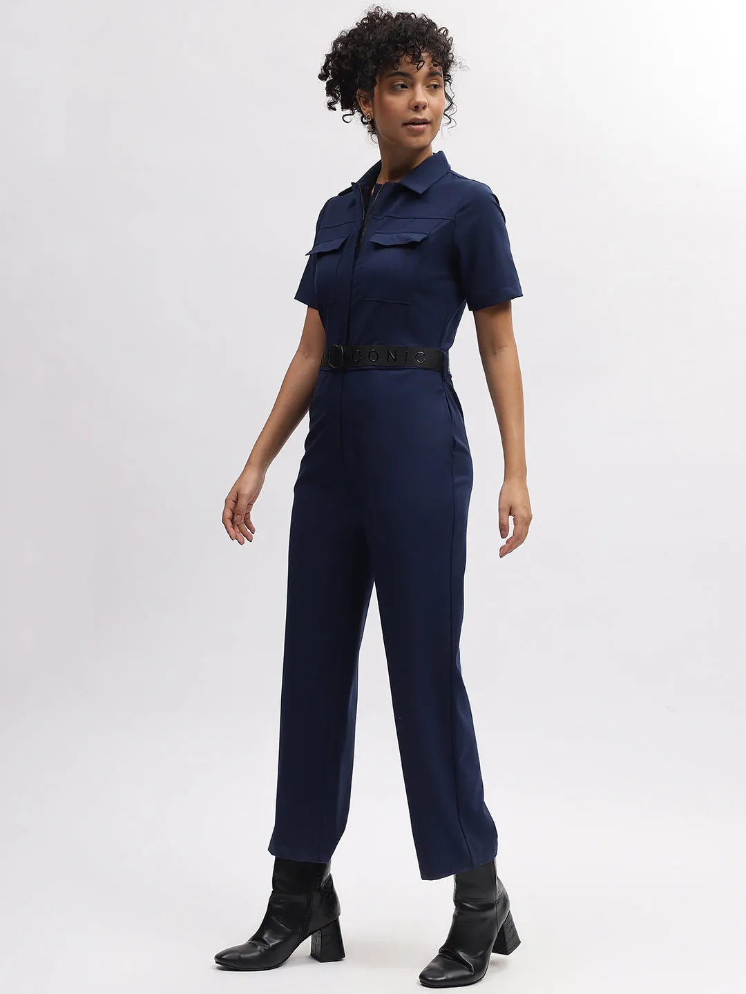 Iconic Women Navy Blue Solid Shirt Collar Short Sleeves Jumpsuit