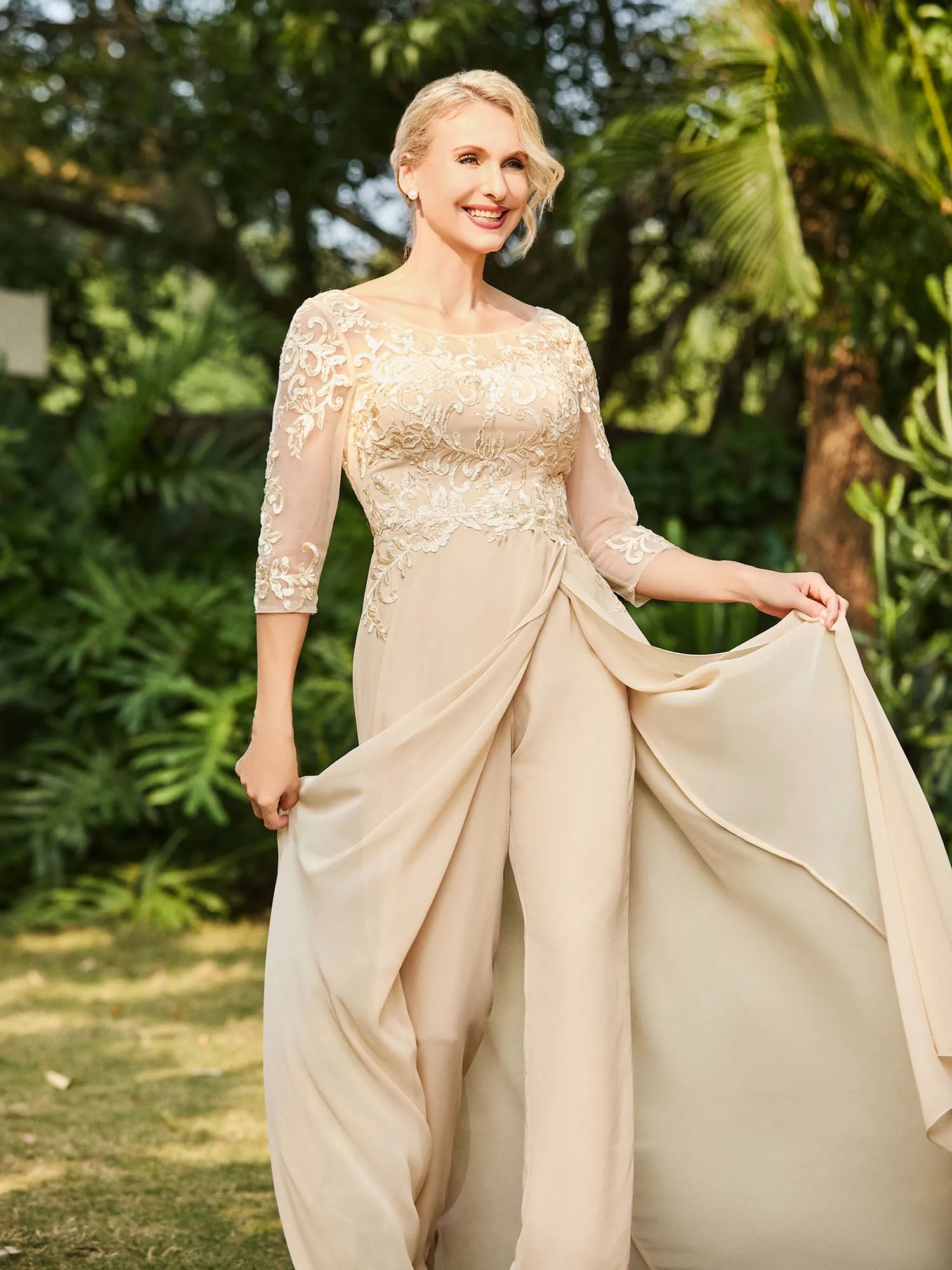 Illusion Neckline Lace Appliqued Jumpsuit Champagne