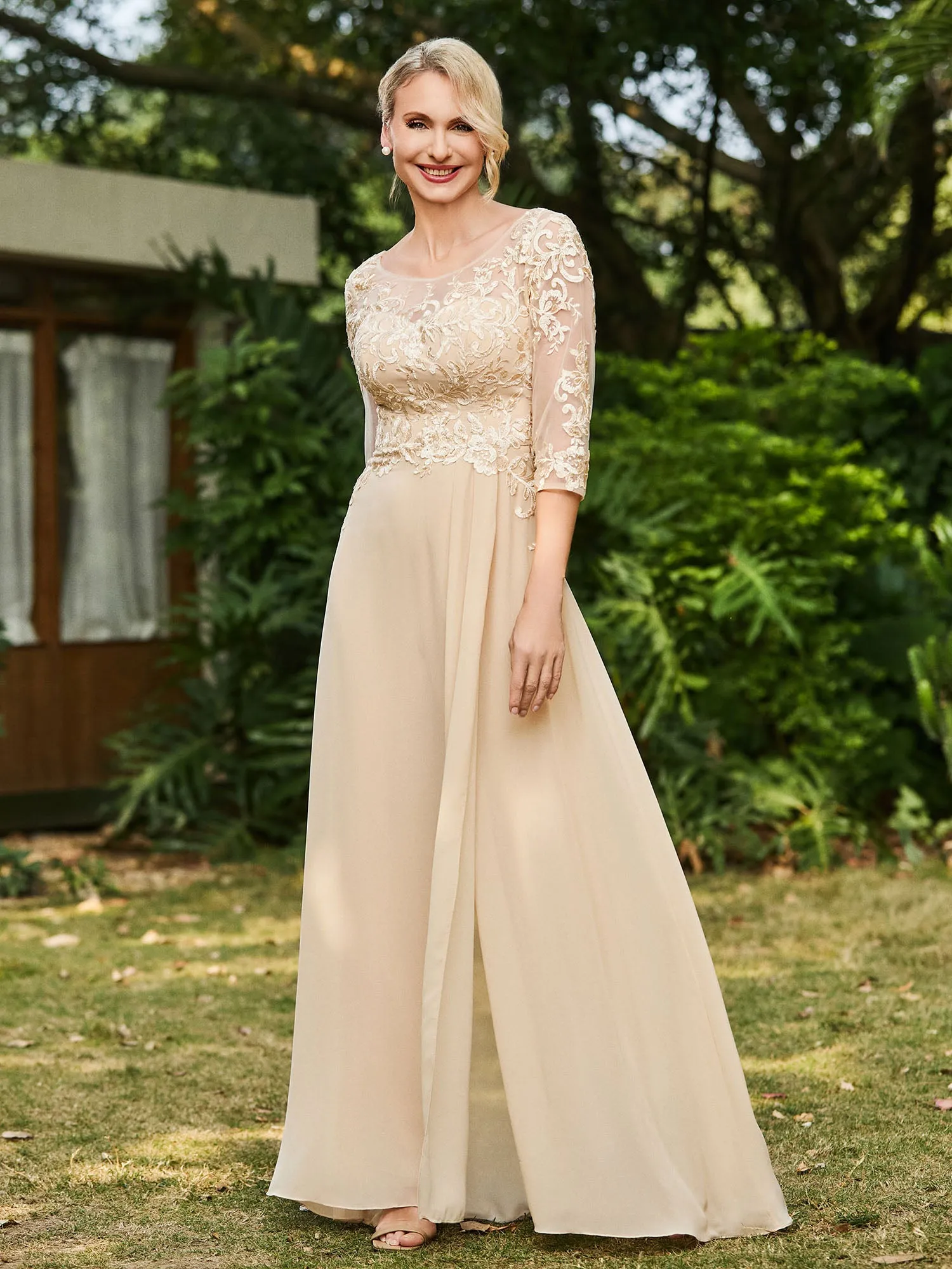 Illusion Neckline Lace Appliqued Jumpsuit Champagne