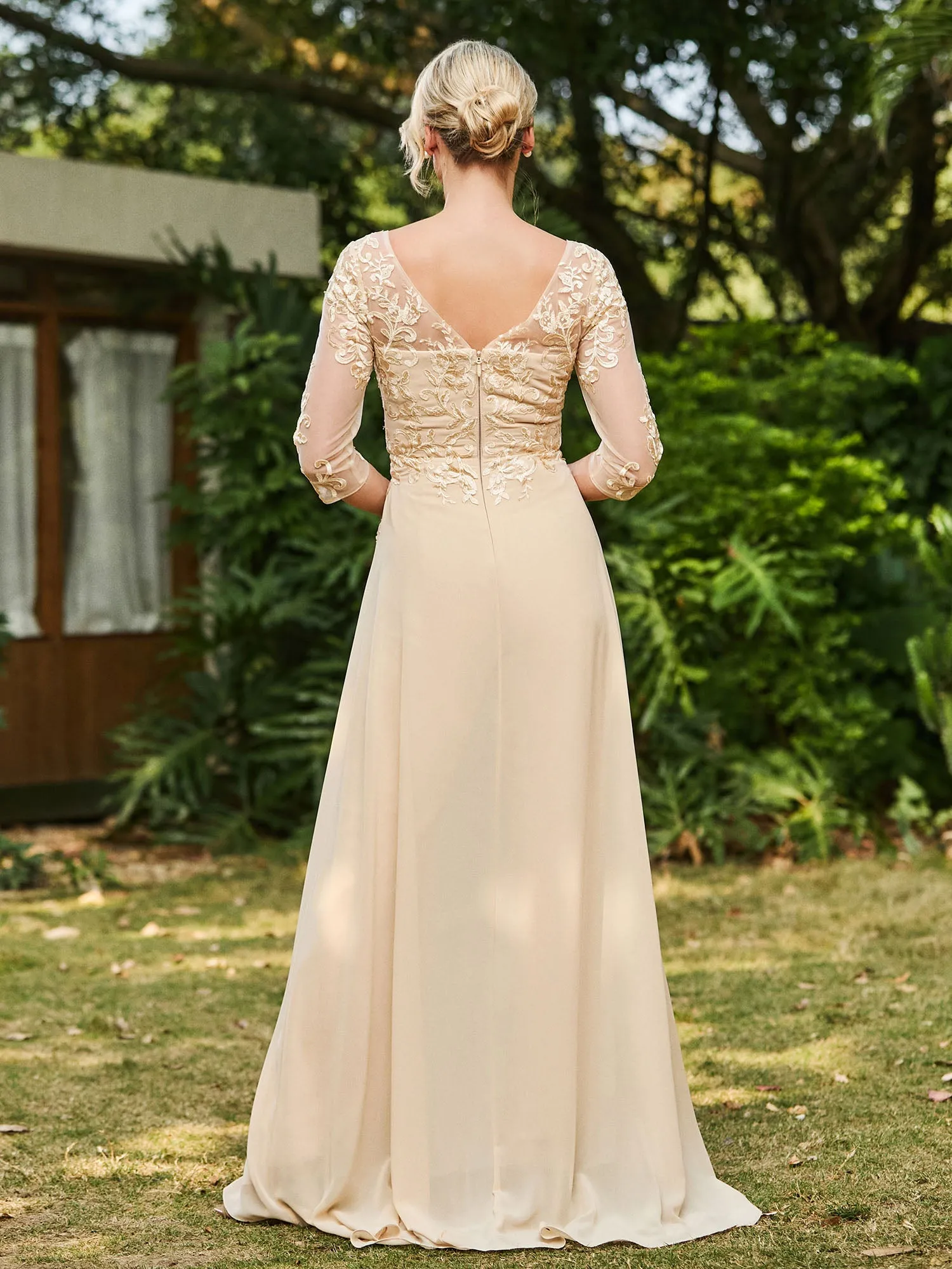 Illusion Neckline Lace Appliqued Jumpsuit Champagne